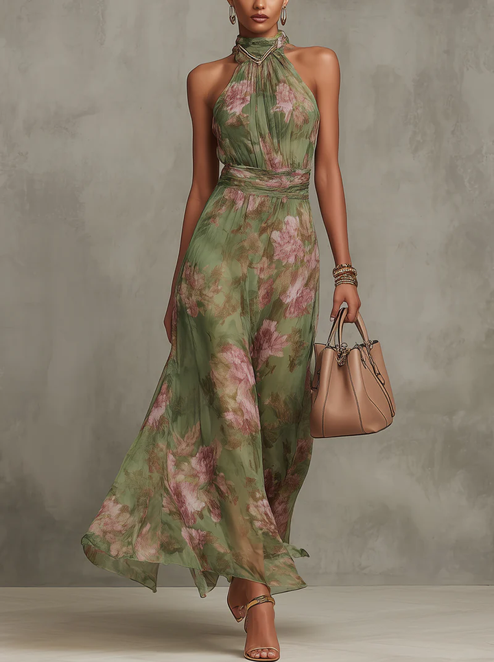 Sheena – Long Floral Chiffon Halterneck Dress