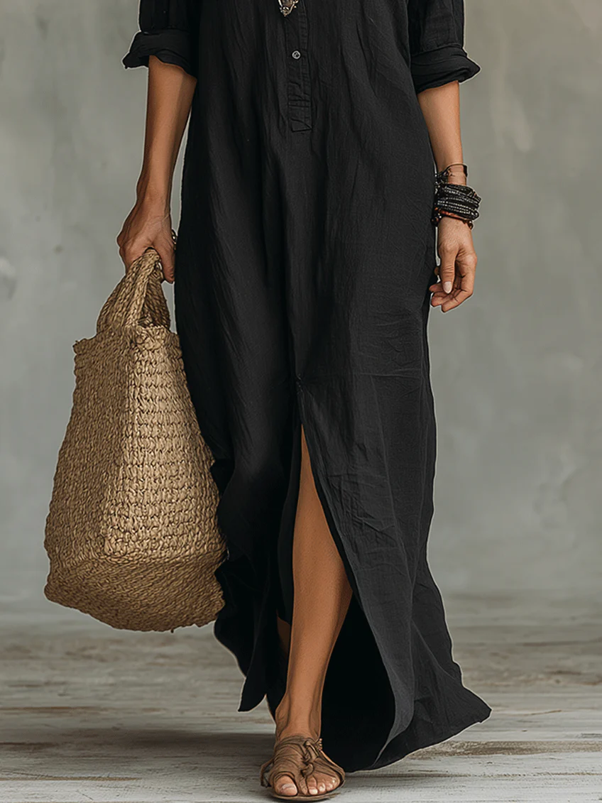 Nadine – Relaxed V-Neck Button Maxi Dress
