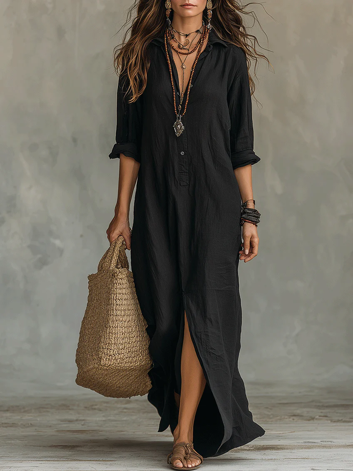 Nadine – Relaxed V-Neck Button Maxi Dress