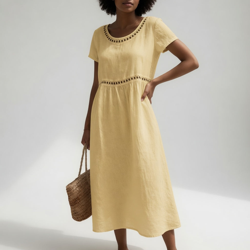 Judith – Linen Midi Dress with Lace Trim