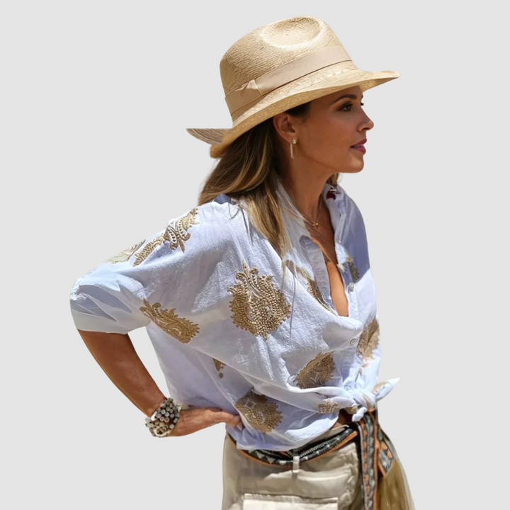 Marianne – Gold Embroidered Tie Front Blouse