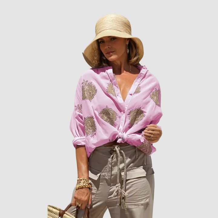 Marianne – Gold Embroidered Tie Front Blouse