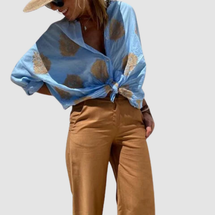 Marianne – Gold Embroidered Tie Front Blouse