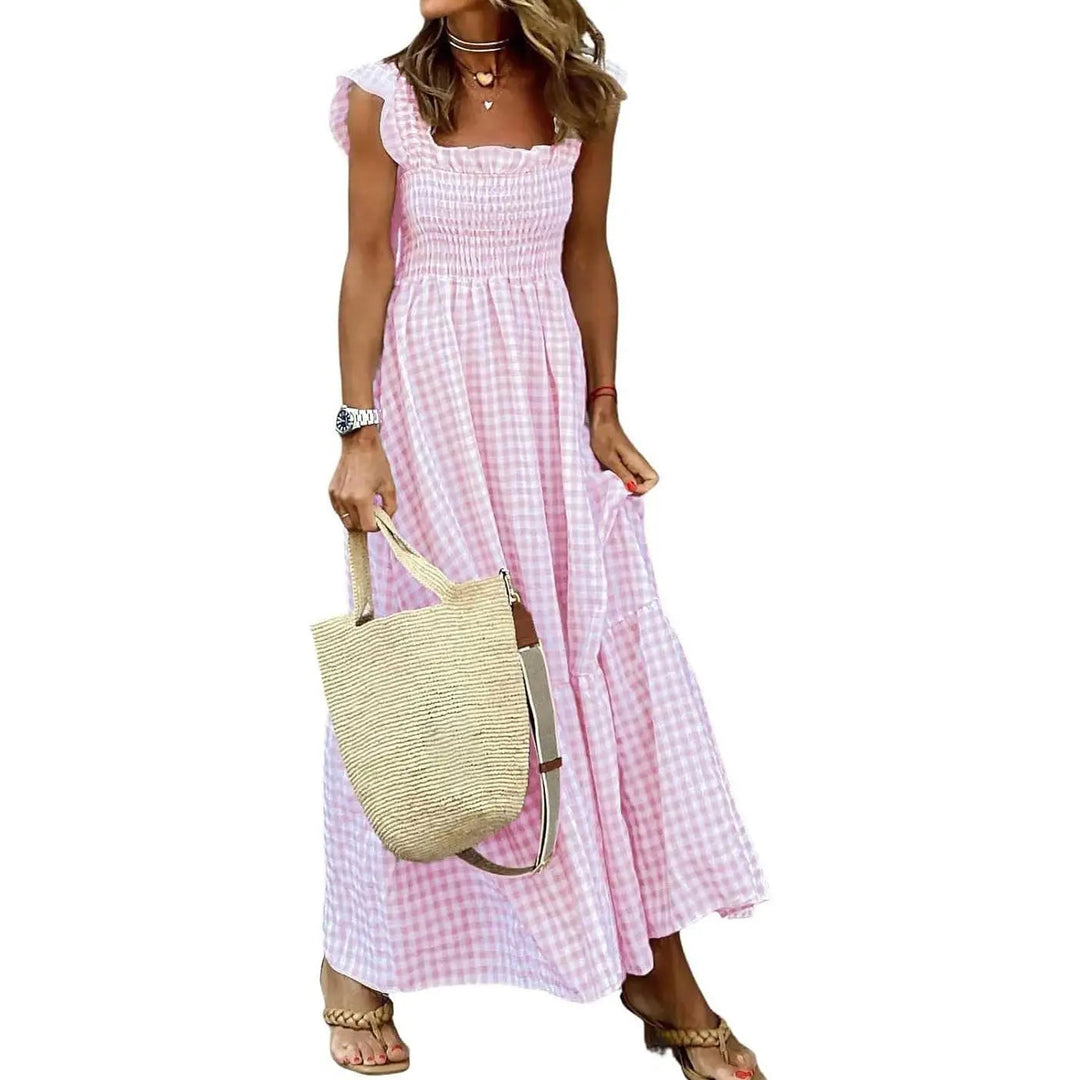Sandra – Retro Checked Smocked Midi Dress
