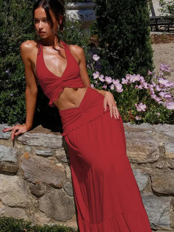 Cynthia – Chic Plunge Neck Summer Two-Piece Outfit