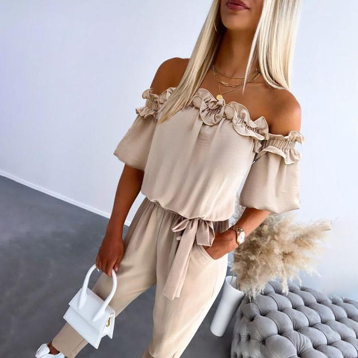 Josie – Chic Off Shoulder Frill Tie-Waist Jumpsuit