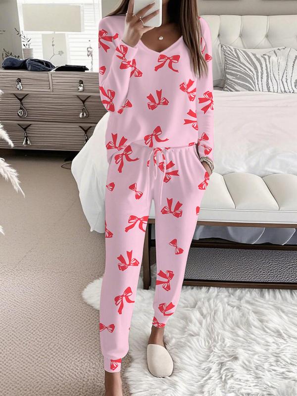 Hallie – Bow Print V-Neck Long Sleeve Top and Tie Waist Pants Set