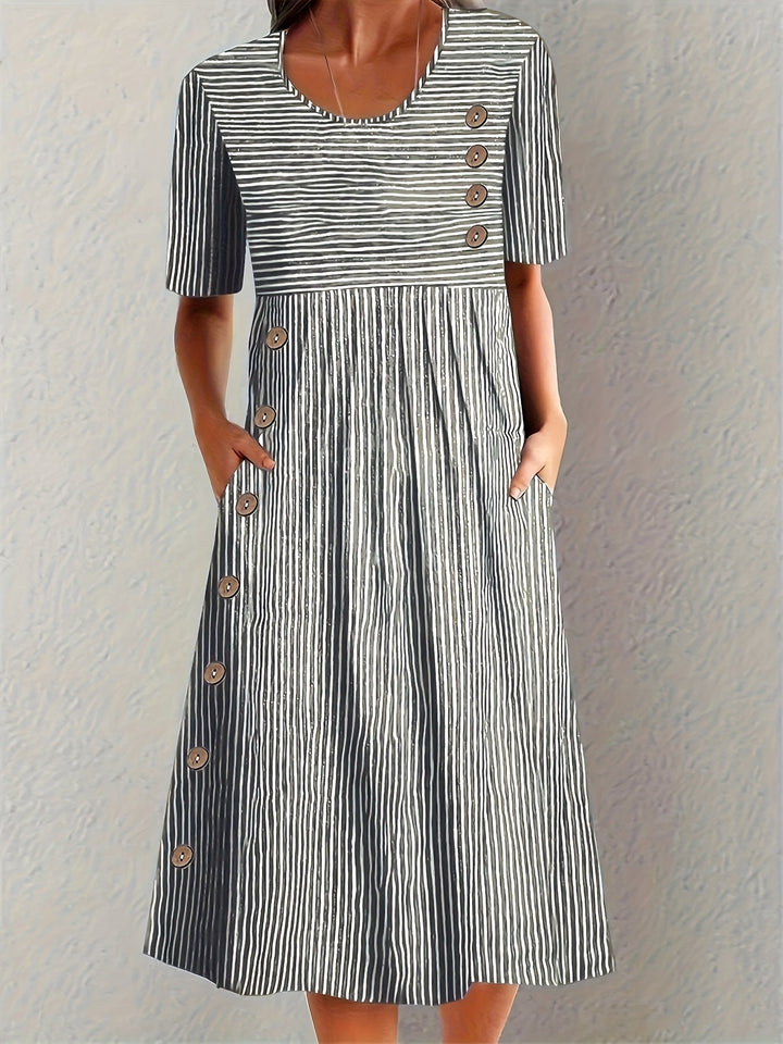 Sofia – Striped Midi Dress With Button Details