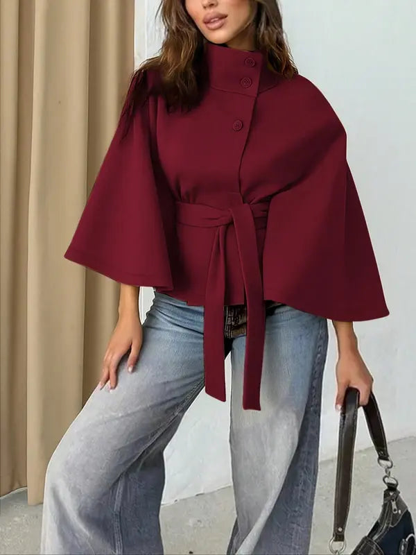 Thelma – Front Buckle Belted Wool Cape Coat