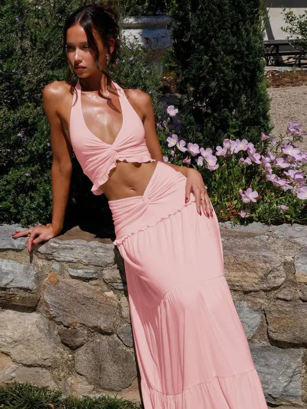 Cynthia – Chic Plunge Neck Summer Two-Piece Outfit
