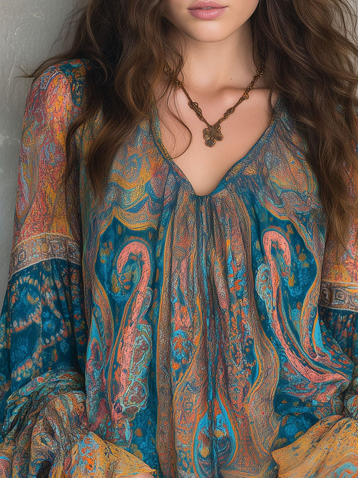 Hilary – Bohemian Teal and Amber Paisley Blouse with Ruffled Cuffs