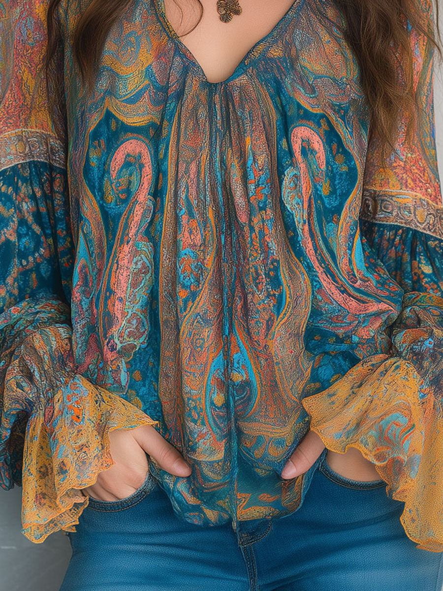 Hilary – Bohemian Teal and Amber Paisley Blouse with Ruffled Cuffs