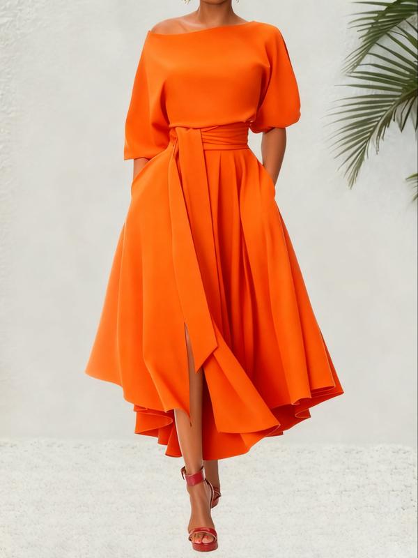 Deirdre – Elegant Belted Bishop Sleeve Boat Neck A-Line Dress