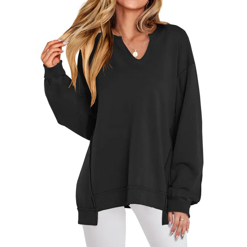 Geneva – Casual V-Neck Oversized Lightweight Long Sleeve Sweatshirt
