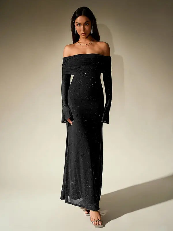 Andrea – Off-The-Shoulder Ruched Contrast Sequin Bodycon Dress