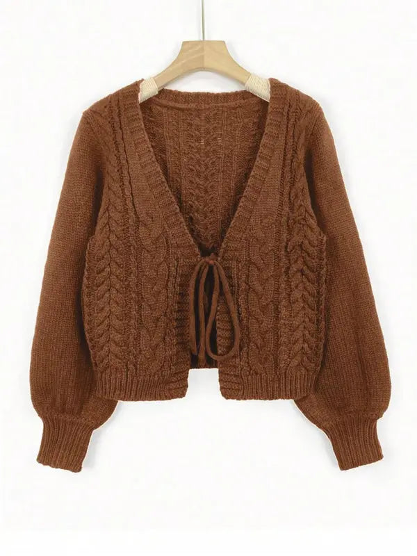 Alicia – Casual Drop Shoulder Tie Front V-Neck Long Sleeve Cardigan