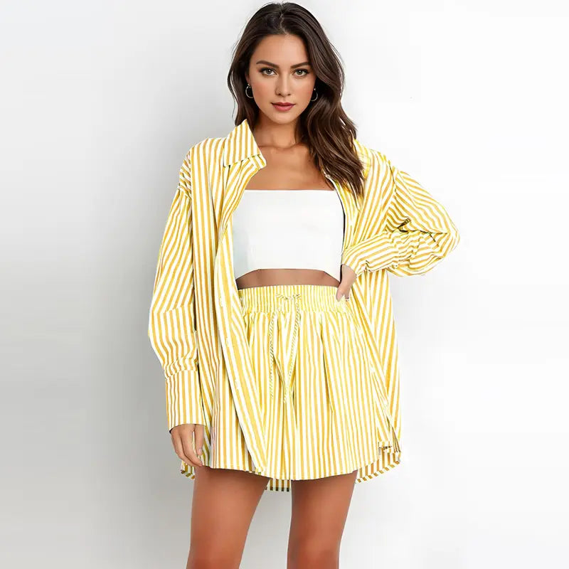 Deirdre – Chic Striped Collared Shirt and Wide Leg Shorts Set