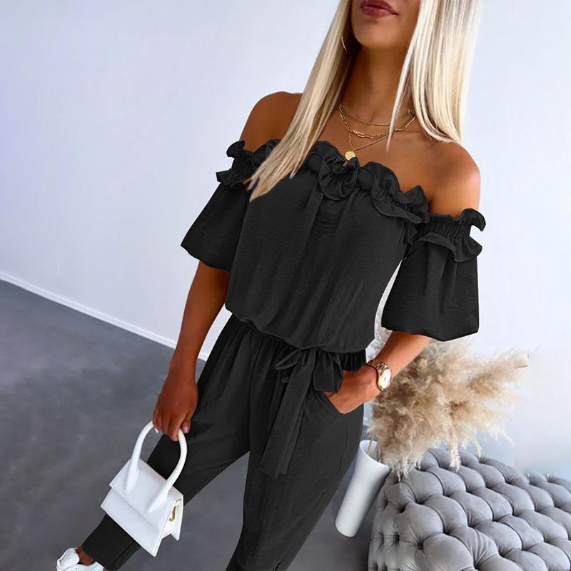 Josie – Chic Off Shoulder Frill Tie-Waist Jumpsuit