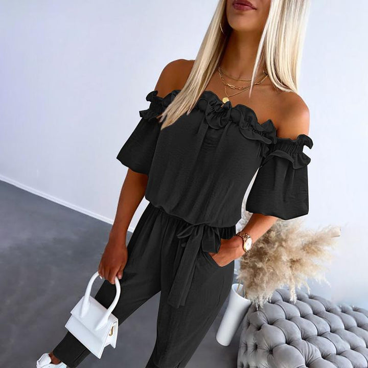 Josie – Chic Off Shoulder Frill Tie-Waist Jumpsuit