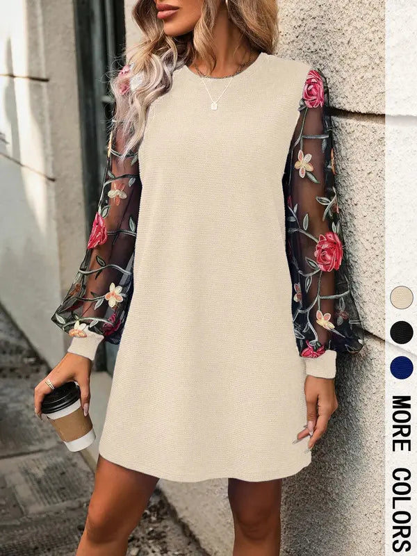 Sally – Elegant Floral Embroidery Bishop Sleeve Round Neck Dress