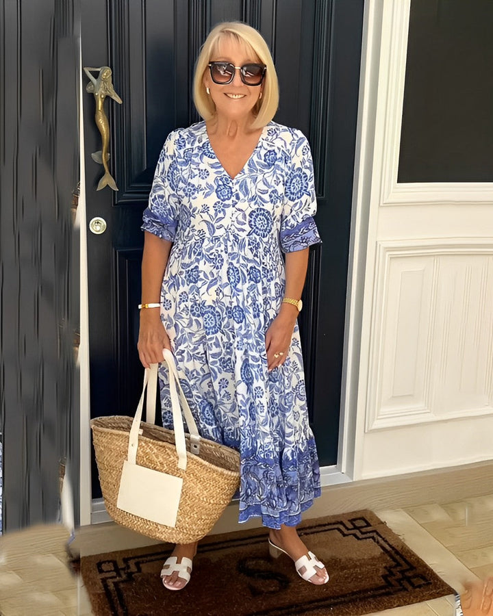 Sophie – Floral Midi Dress with Puff Sleeves