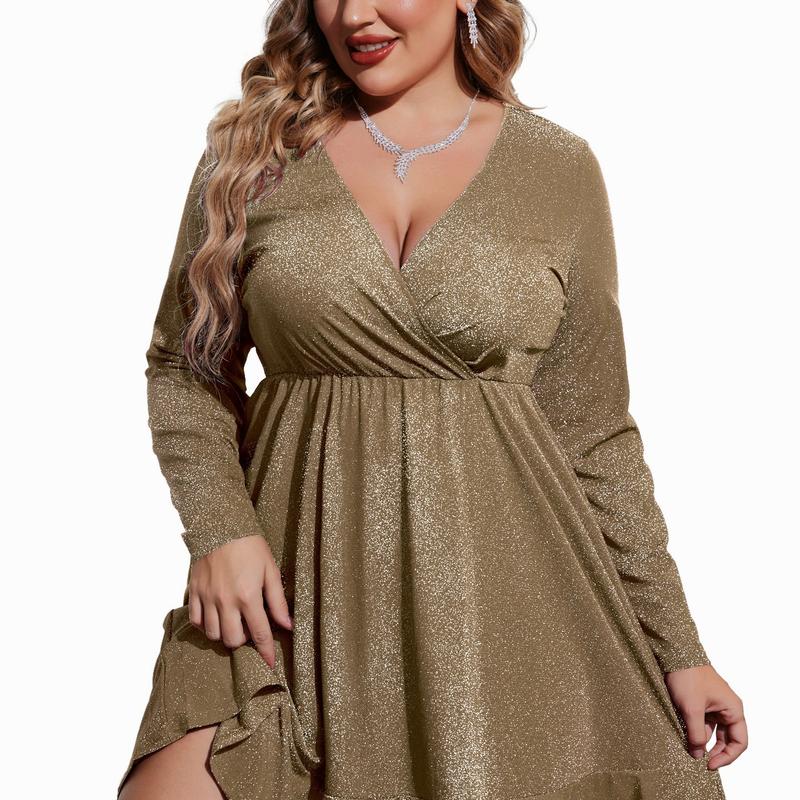 Eileen – Plus Size Glitter V-Neck Ruffle Hem Swing Cocktail Dress