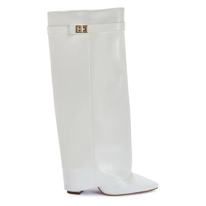 Sarah – Four-Inch Heel Suede Fold-Over Buckle Long Boots
