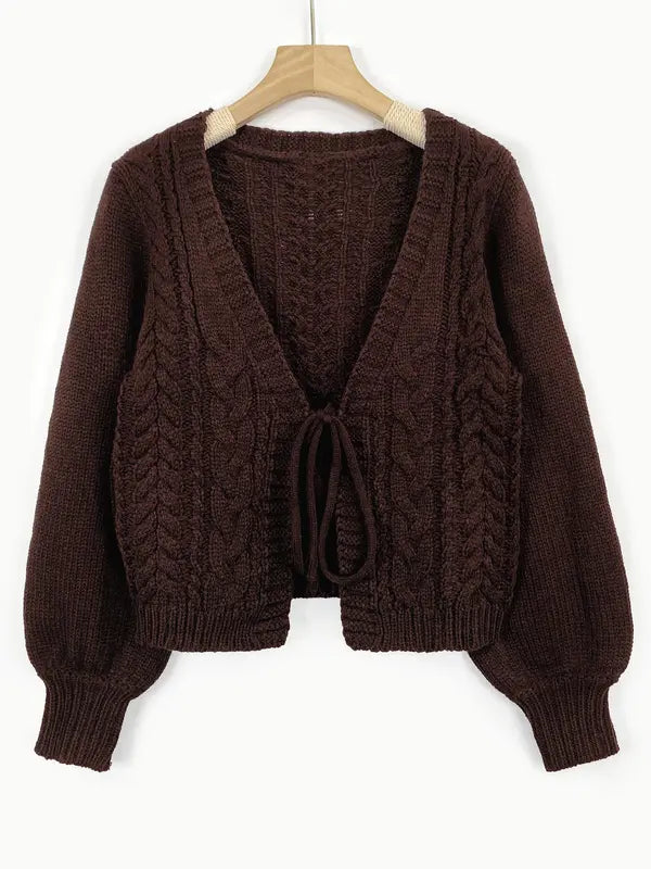 Alicia – Casual Drop Shoulder Tie Front V-Neck Long Sleeve Cardigan