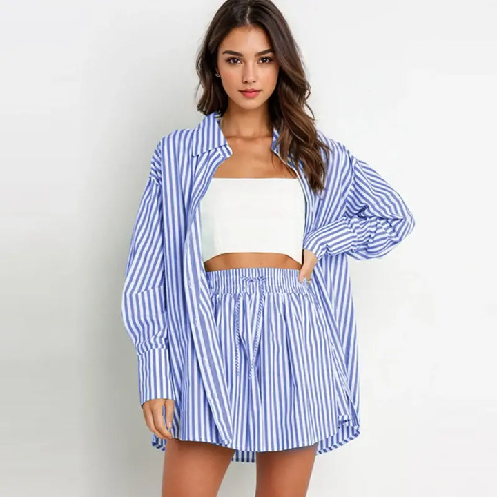 Deirdre – Chic Striped Collared Shirt and Wide Leg Shorts Set