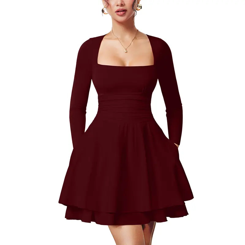 Winona – Square Neck Ruched Waist Long Sleeve Ruffle Hem Mini Dress