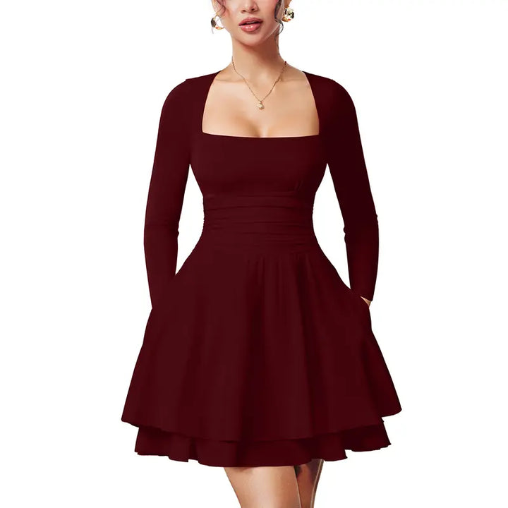 Winona – Square Neck Ruched Waist Long Sleeve Ruffle Hem Mini Dress