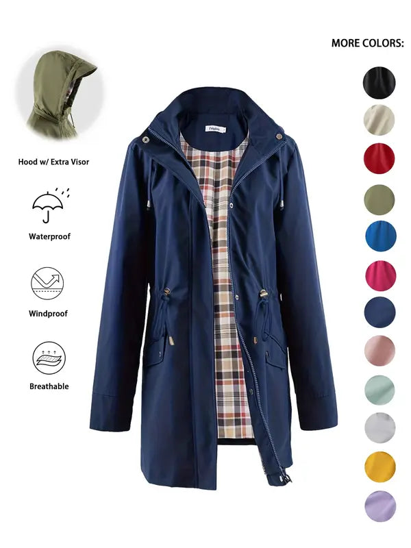 Sarah – Casual Drawstring Zip Up Hooded Trench Coat