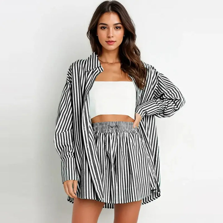 Deirdre – Chic Striped Collared Shirt and Wide Leg Shorts Set