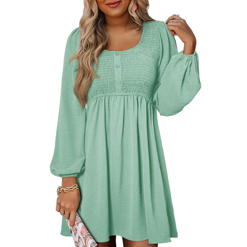 Nancy – Casual Smocked Empire Waist A-Line Dress with Button-Up Detail