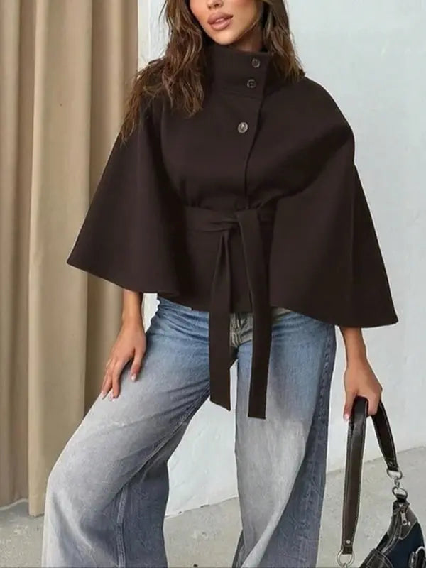 Thelma – Front Buckle Belted Wool Cape Coat