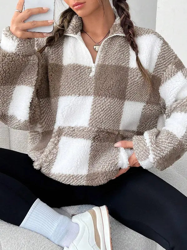 Mavis – Chic Plaid Print Half Zip Long Sleeve Sweater