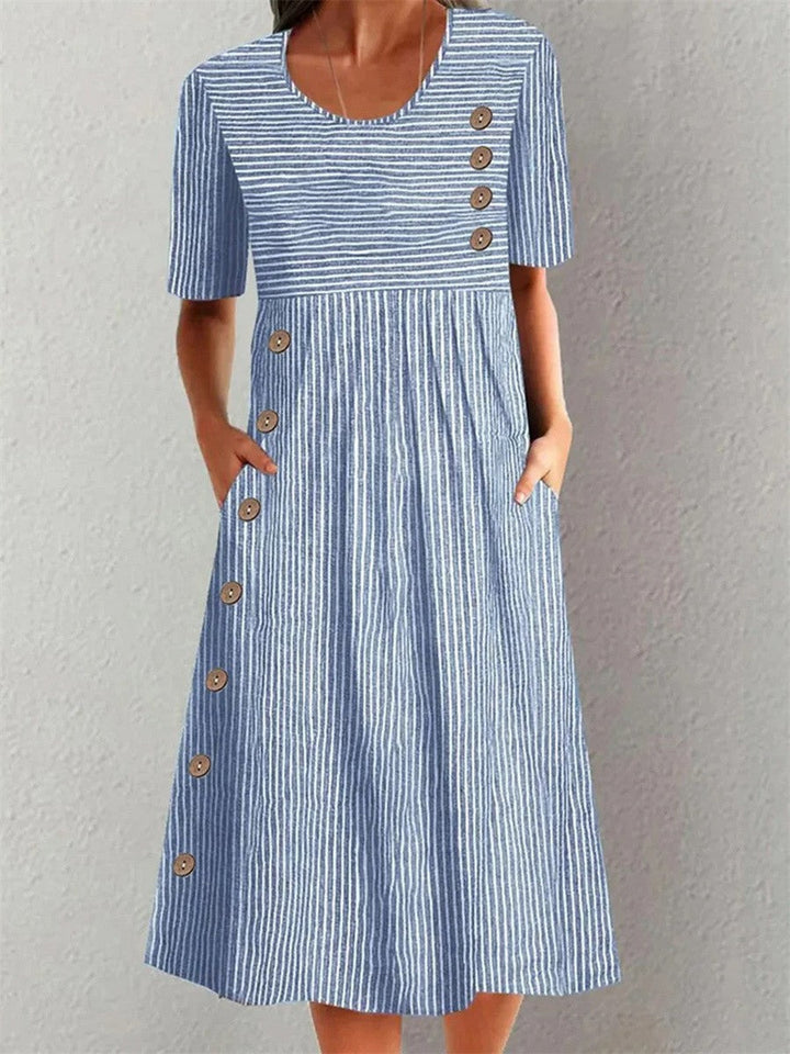 Sofia – Striped Midi Dress With Button Details