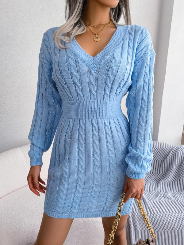 Holly – Cosy Long Sleeve V-Neck Cable Knit Sweater Dress