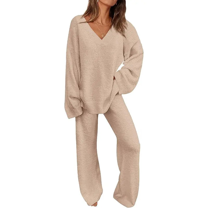 Rebecca – Soft Chunky V-Neck Top and Wide Leg Pants Lounge Set