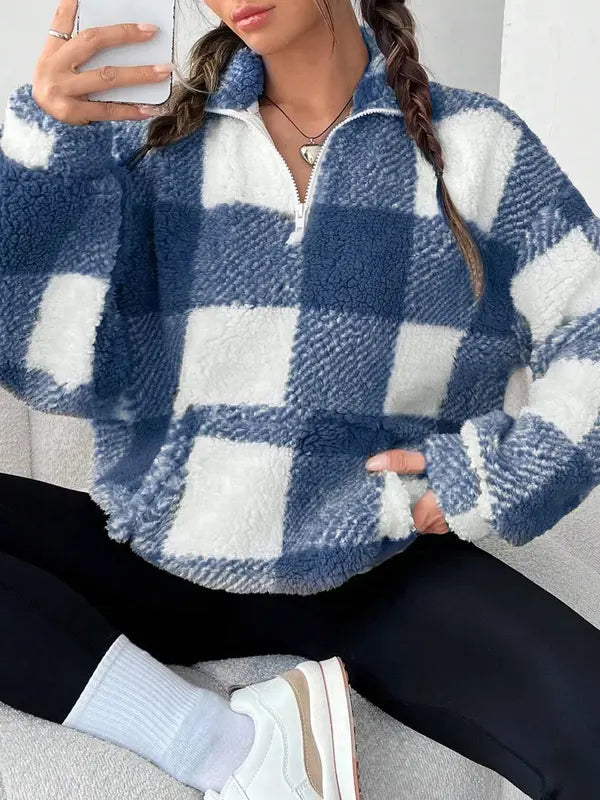 Mavis – Chic Plaid Print Half Zip Long Sleeve Sweater