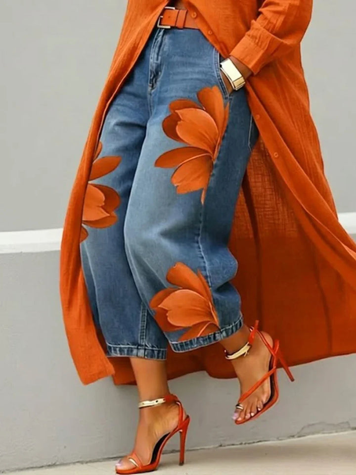 Sylvia – Linen Shirt Dress and Floral Jeans Set