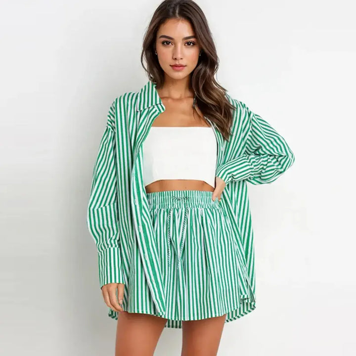 Deirdre – Chic Striped Collared Shirt and Wide Leg Shorts Set