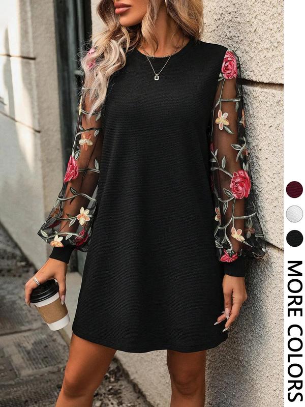 Sally – Elegant Floral Embroidery Bishop Sleeve Round Neck Dress