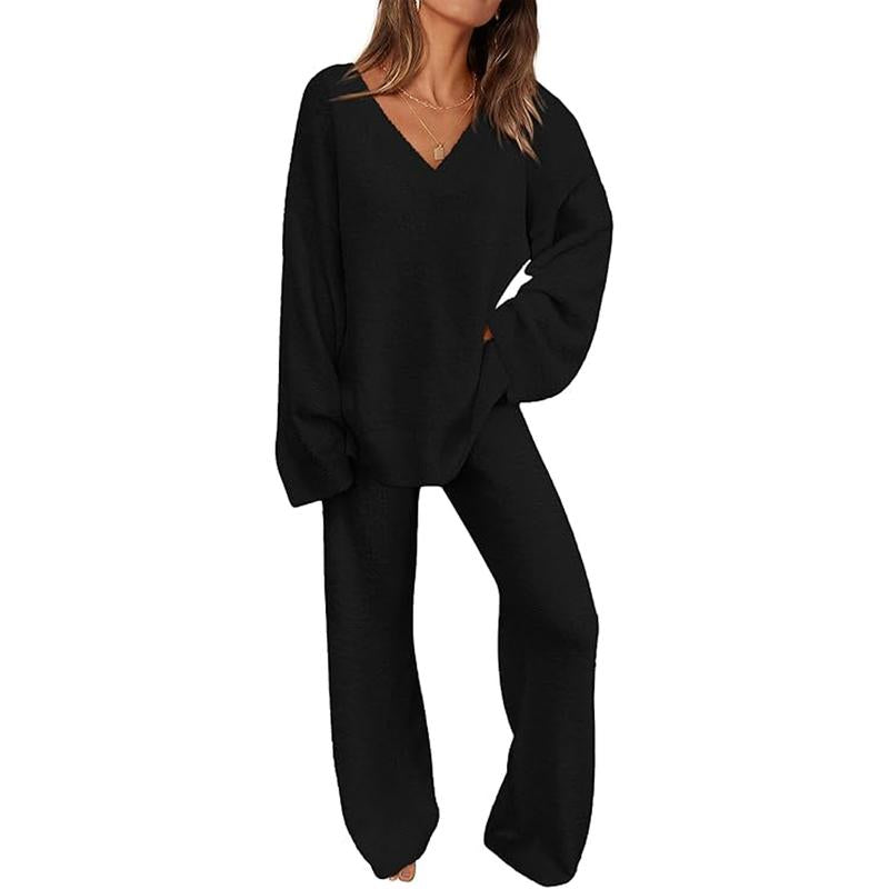 Rebecca – Soft Chunky V-Neck Top and Wide Leg Pants Lounge Set