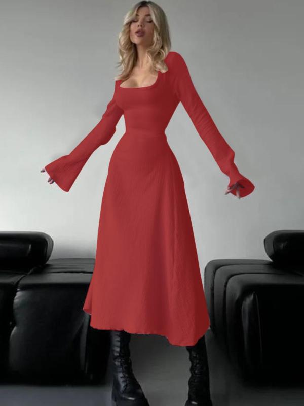 Erin – Sophisticated Lace-Up Tie Back Flounce Sleeve A-Line Long Dress