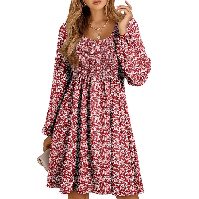 Nancy – Casual Smocked Empire Waist A-Line Dress with Button-Up Detail