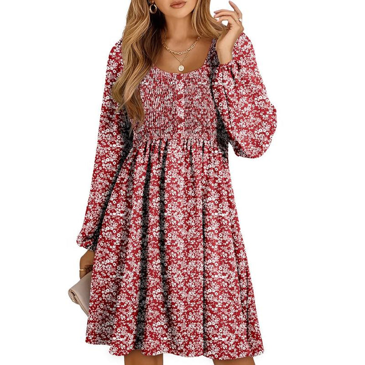 Nancy – Casual Smocked Empire Waist A-Line Dress with Button-Up Detail