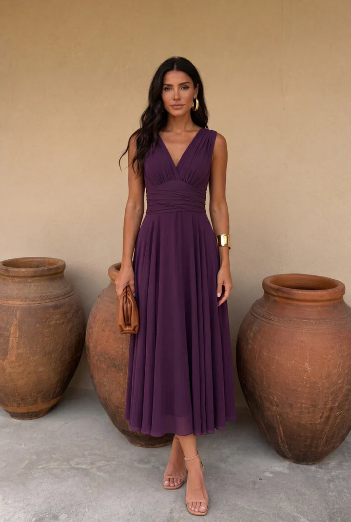 Muriel – Ruched Midi Dress with Flowing Skirt