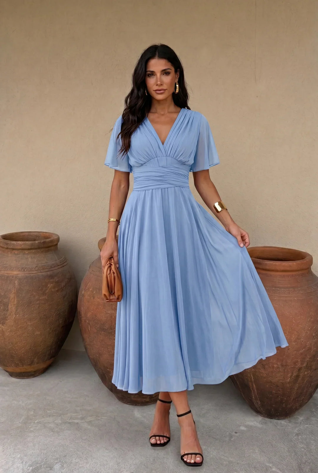 Muriel – Ruched Midi Dress with Flowing Skirt