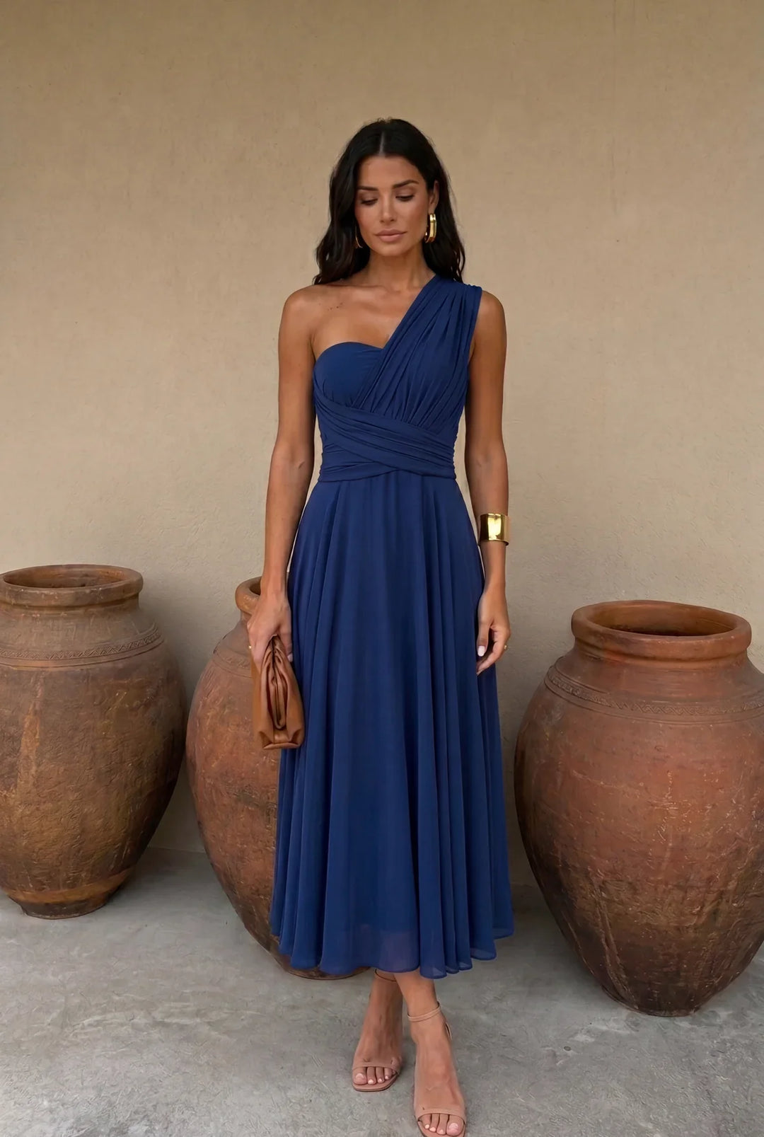 Muriel – Ruched Midi Dress with Flowing Skirt